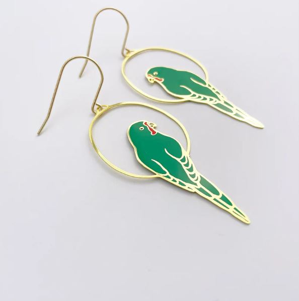 The Blue Dog Posters Parrot in Green Denz Earrings feature gold hoops with green and yellow parrot charms, bringing an Australiana vibe, shown on a white background.