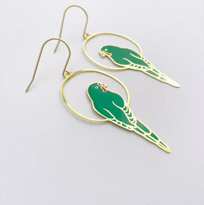The Blue Dog Posters Parrot in Green Denz Earrings feature gold hoops with green and yellow parrot charms, bringing an Australiana vibe, shown on a white background.