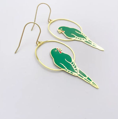 The Blue Dog Posters Parrot in Green Denz Earrings feature gold hoops with green and yellow parrot charms, bringing an Australiana vibe, shown on a white background.