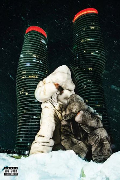 Two people in oversized fur coats pose in snowy night before two red-lit skyscrapers. Snow falls around them, a parental advisory label sits below—perfect as a Rap Poster for your collection: Partynextdoor and Drake $$$4U by MUS 190.