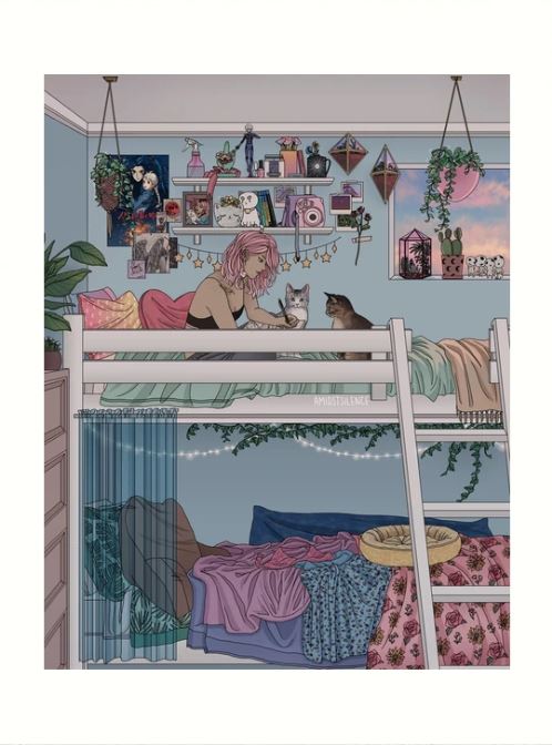 Digital illustration titled "Pastel Day Dreams" by Kelsey Smith, available from Blue Dog Posters. The artwork depicts a cozy bedroom featuring bunk beds; the top bunk showcases a person with pink hair petting two cats, surrounded by plants, books, and photos. The lower bunk is adorned with colorful blankets and pillows. The entire room is beautifully decorated with string lights and posters.