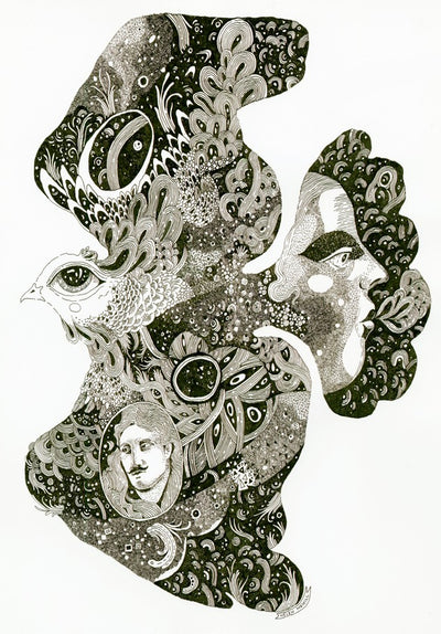 Peace Bird by Helen Nehill Art from Blue Dog Posters is a black-and-white print featuring a bird, two human profiles, and swirling organic patterns, showcasing the artist’s distinctive decorative motifs and detailed textures.
