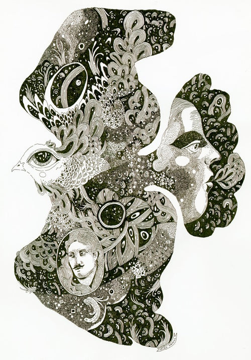 Peace Bird by Helen Nehill Art from Blue Dog Posters is a black-and-white print featuring a bird, two human profiles, and swirling organic patterns, showcasing the artist’s distinctive decorative motifs and detailed textures.