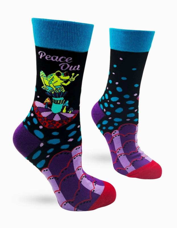 Add a playful twist to your style with Blue Dog Posters' Peace Out Frog Socks Ladies—these women's crew socks feature vibrant colors, quirky patterns, and fun “Peace Out” vibes for a comfy, eye-catching look on any occasion.