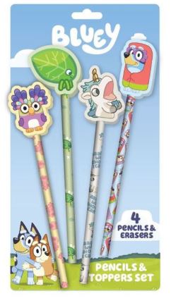 The Bluey Characters 1 - 4 Pencil & Topper Set by Blue Dog Posters features four pencils with animal character erasers. The packaging shows "4 Pencils & Erasers Pencils & Toppers Set" and images of Bluey and Bingo at the bottom left.