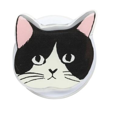 The Magnetic Phone Grip Cats - Pepper by Blue Dog Posters features a black and white cat face with wide eyes and pink ears on a white background—ideal as a MagSafe smartphone grip accessory.