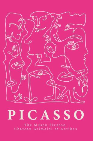 The ART 053 Picasso Chateau Grimaldi Antibes poster showcases bright pink tones with abstract white face line drawings. "PICASSO" is in bold at the bottom, plus smaller text: "The Musee Picasso, Chateau Grimaldi at Antibes.