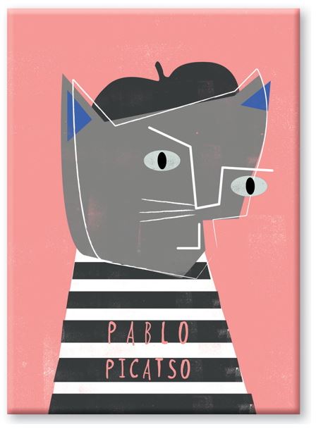 The "Pablo Picatso Magnet by Nia Gould" from Blue Dog Posters features a stylized illustration of a cat composed of geometric shapes, adorned in a black beret and a black-and-white striped shirt on a pink background. The playful text "Pablo Picatso" appears at the bottom, cleverly nodding to the famous artist Pablo Picasso. This magnet is perfect for adorning your fridge and entertaining house guests.