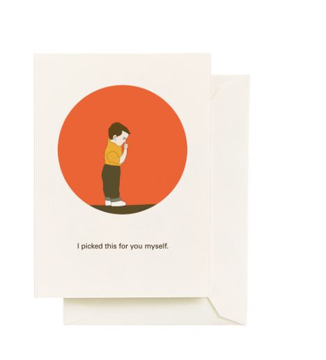 The "I Picked This For You Birthday Card" by Blue Dog Posters features a child with a flower on an orange circle background. Eco-friendly, printed in Canada on recycled paper, it reads: "I picked this for you myself.