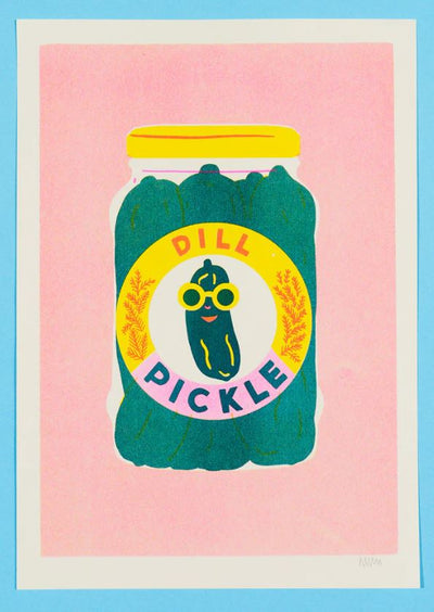 The Pickle Riso Print by Naomi Wilkinson Illustration from Blue Dog Posters features a playful pickle jar on a pink background, with a cartoon pickle in sunglasses and yellow sprigs, printed in vibrant, eco-friendly risograph inks.