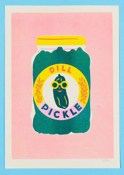 The Pickle Riso Print by Naomi Wilkinson Illustration from Blue Dog Posters features a playful pickle jar on a pink background, with a cartoon pickle in sunglasses and yellow sprigs, printed in vibrant, eco-friendly risograph inks.