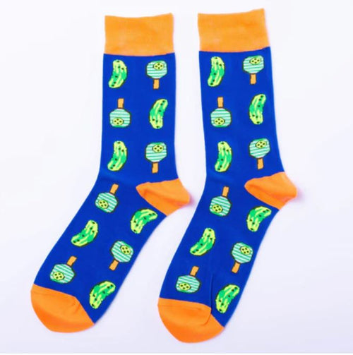 Pickle Ball Mens Socks by Blue Dog Posters: blue cotton crew socks with orange accents, featuring green pickles and green-and-blue lollipops. Ethically made with reinforced heel and toe for extra durability.