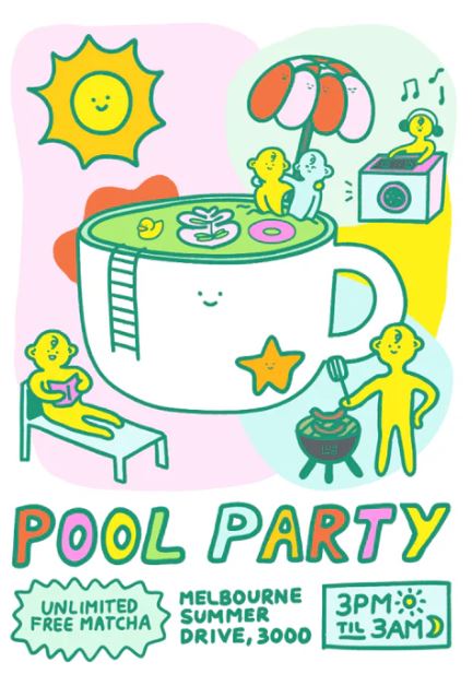 Pool Party Archival Print by Inner Baby from Blue Dog Posters: A colorful Melbourne scene with a giant teacup pool, swimmers, sun, dancers, lounging & grilling—perfect for art lovers with an inner child! Unlimited free matcha. Melbourne Summer Drive, 3PM–3AM.