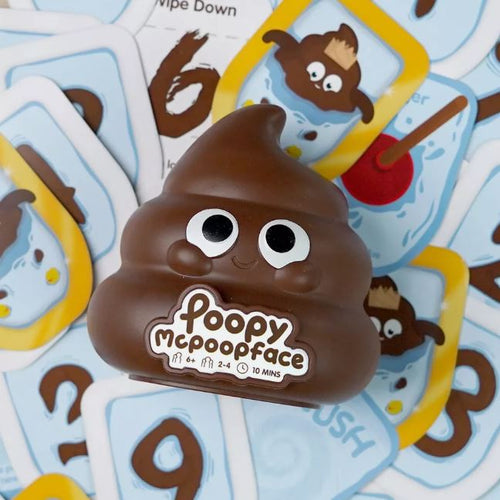 The "Poopy McPoopface Game" by Blue Dog Posters features a smiling poop emoji with large eyes, surrounded by playful cards adorned with similar poop designs, numbers, and toilet images.
