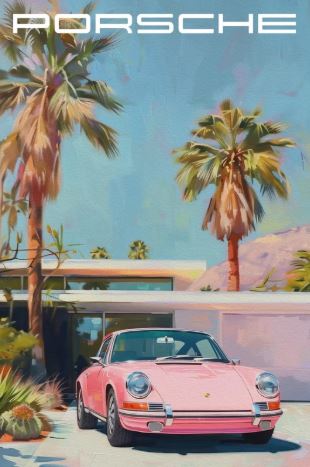 The "Porsche Miami" by CAR 011 showcases a vintage pink Porsche before a modern house with palm trees under a sunny sky. “Porsche” crowns this Motor Sport Poster, printed on premium gloss paper for vivid, detailed display.