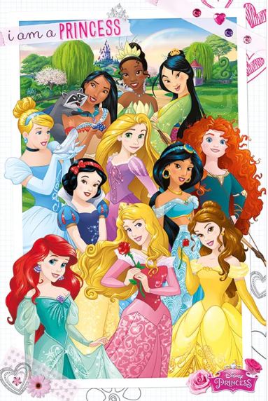 An illustration featuring 11 Disney princesses: Snow White, Cinderella, Aurora, Ariel, Belle, Jasmine, Pocahontas, Mulan, Tiana, Rapunzel, and Merida. They are standing together in a whimsical background for a captivating KID 014 Disney Princess - I am a Princess from the Movies & TV Collection.