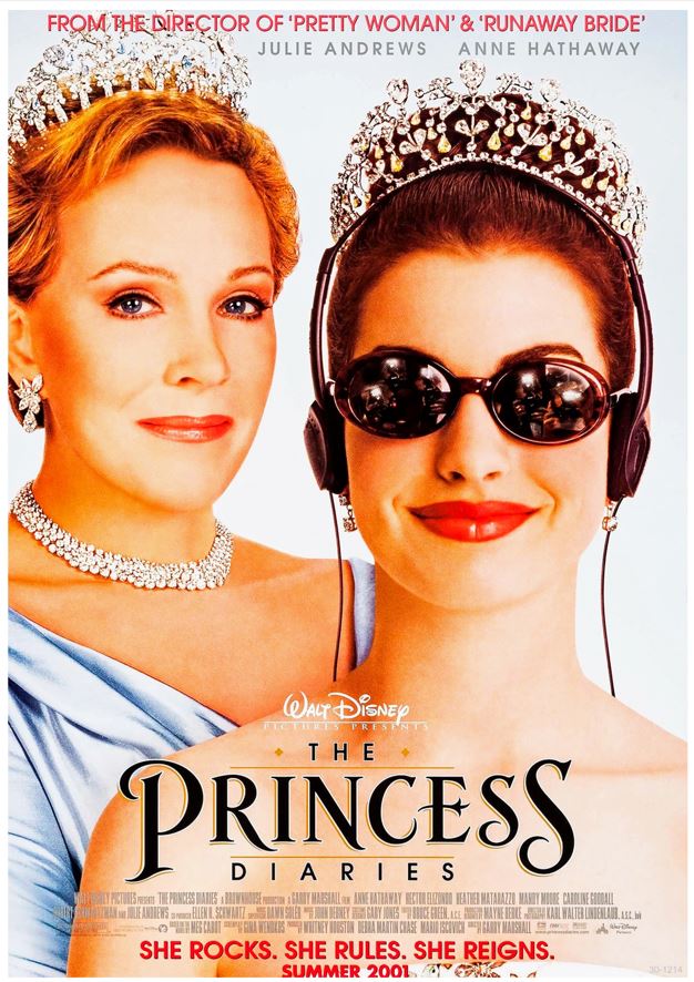 A3 cult poster of The Princess Diaries with Julie Andrews and Anne Hathaway in tiaras—Hathaway wears sunglasses and red lipstick. Printed on 250gsm satin paper, this vibrant A3 piece features the movie title and release info below.