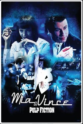 The MTV 402 "Pulp Fiction - Mia & Vince" poster showcases blue-tinted stylized images of Mia (Uma Thurman) and Vince (John Travolta), with their names and "Pulp Fiction" at the bottom—a must-have for cult movie fans.
