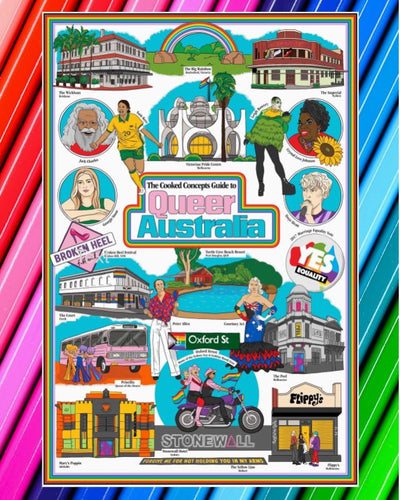 The Blue Dog Posters "Cooked Concepts Guide To Queer Australia" Tea Towel features vibrant illustrations of notable queer figures, landmarks, and symbols—perfect for adding Australian pride to your kitchen or gifting to celebrate queer icons.