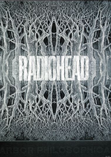 A mirrored pattern of white tree branches stands out on a dark background. "Radiohead - It's not too Late" is boldly printed across the middle—this A3 music poster by Blue Dog Posters is perfect for any fan.