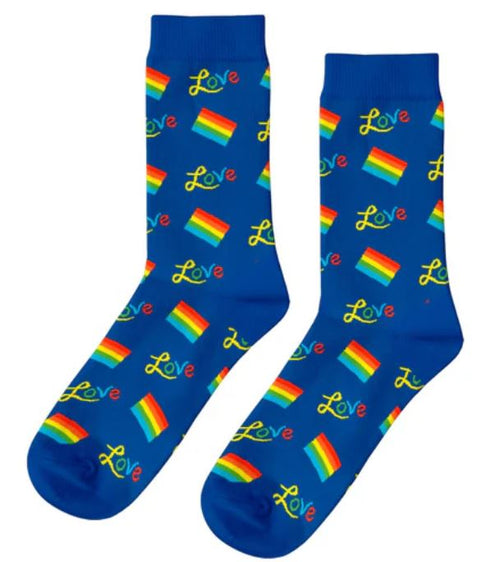 Blue Dog Posters' Rainbow Love Womens Socks feature blue cotton with rainbow pride flags and "Love" in multicolored letters—stylish, ethical socks perfect for celebrating pride.