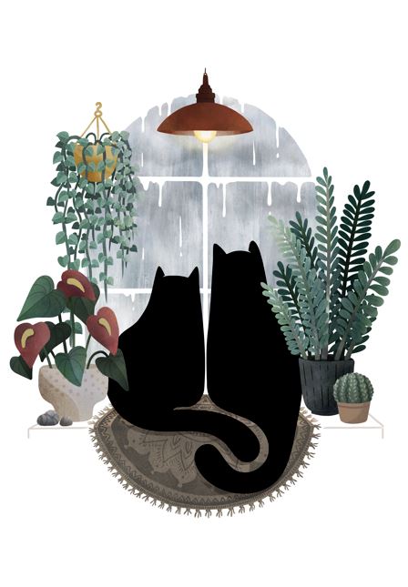 Rainy Day Cats by Littleclyde from Blue Dog Posters shows two black cats on a patterned rug, gazing out the window amid potted plants and warm light. Available as an A3 print on high-quality satin paper.