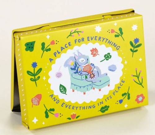 The Random Crap Small Tin by Blue Dog Posters features colorful flowers, leaves, and a cozy bear knitting. The lid reads "A place for everything and everything in its place." Ideal as a keepsake box or for storing small items.