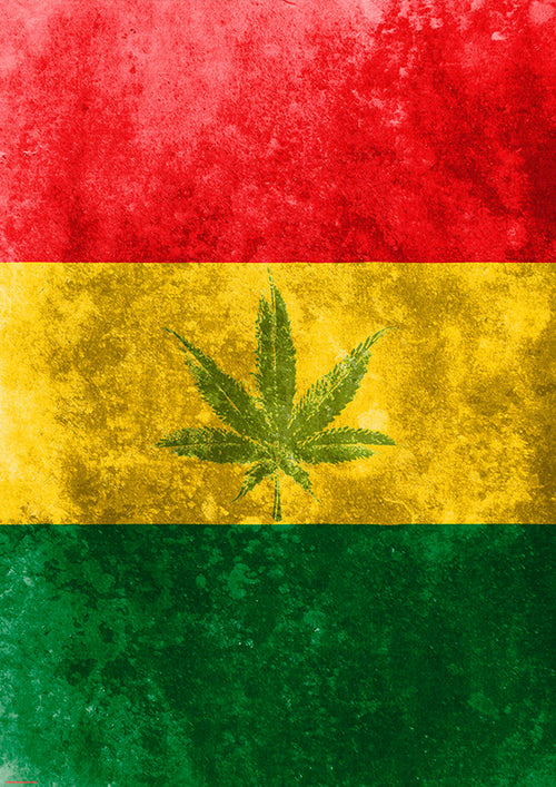 The Rasta Flag Leaf by ALT 012 is a textured flag featuring three horizontal stripes: red at the top, yellow in the middle, and green at the bottom. In the center of the yellow stripe, there is a large green cannabis leaf. This alternative poster print ensures vibrant colors on premium 150gsm gloss paper for an impressive display.