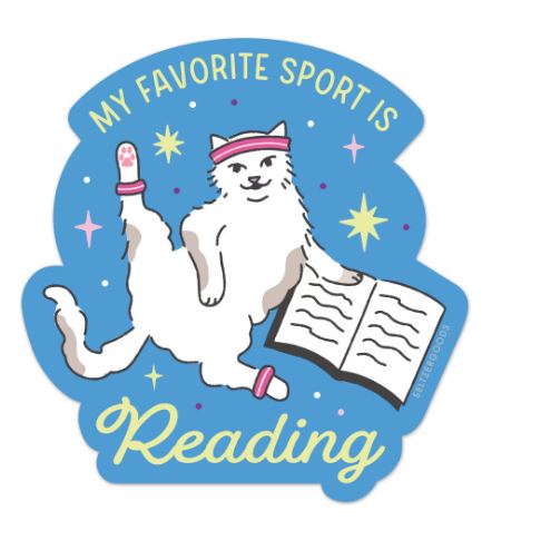 The Favourite Sport Reading Vinyl Single Sticker by Blue Dog Posters features a fluffy white cat in a pink headband and leg warmers, striking an exercise pose with a book and the phrase "My favorite sport is Reading" on a blue, starry background. Water resistant!.