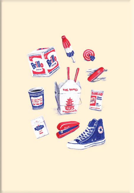 Red White Blue By Amy Blue from Blue Dog Posters features red, white, and blue objects—including a Brillo box, yo-yo, sneaker, and popsicle—arranged on a beige background as part of the Featured Artists Collection.