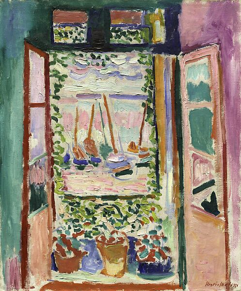 La Fenetre Ouverte by Henri Matisse (GAL224) features bold brushstrokes and vibrant Fauvist colors, depicting potted plants on a sill, leafy vines, and sailboats under an abstract sky framed by an open window.