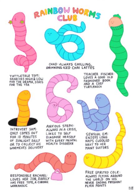 The Rainbow Worms Club Archival Print by Inner Baby, available from Blue Dog Posters, showcases eight uniquely named cartoon worms with quirky personalities, celebrating a playful and diverse worm community.