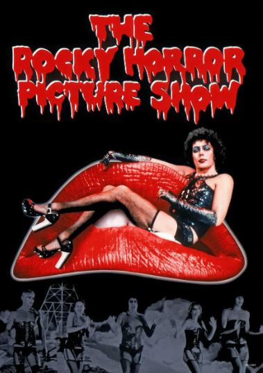 A3 brand A3 poster of "The Rocky Horror Picture Show" features a figure in a corset, fishnets, and heels on red lips, with the movie title in dripping red above. Printed on premium satin paper.