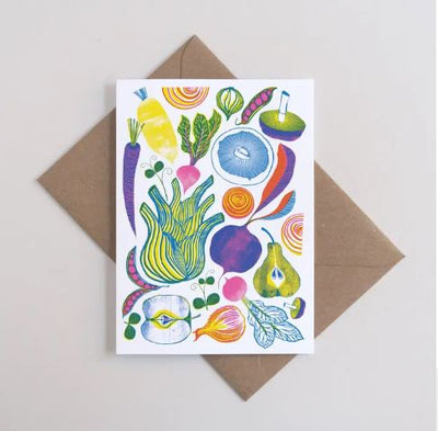 The Roots Fruits & Shoots Greeting Card by Blue Dog Posters features bright, abstract produce on FSC certified card. A6 size, eco-friendly, and comes with a recycled manilla envelope—designed by Vicki Johnson.