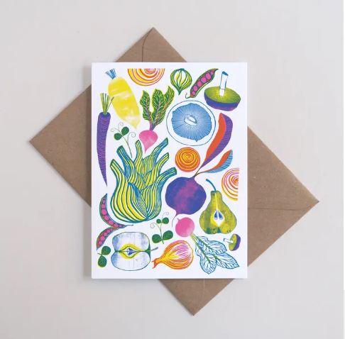 The Roots Fruits & Shoots Greeting Card by Blue Dog Posters features cheerful, hand-drawn vegetables and fruits—carrot, onion, pear, and mushrooms—on a recycled envelope, designed by Printer Johnson.