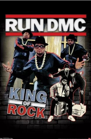 The MUS 207 Run DMC - King Of Rock poster shows the group in black outfits, hats, and gold chains, with "RUN DMC" at the top and "King of Rock" below—an iconic addition to any music collection.