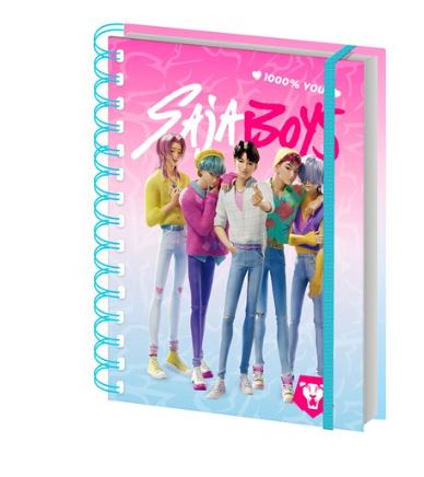 The K-Pop Demon Hunters - Saja Boys A5 Wiro Notebook by Blue Dog Posters features a pink cover with five colorful animated boys and the white text “Saja Boys ♥ 1000% You.” Officially licensed for fans.
