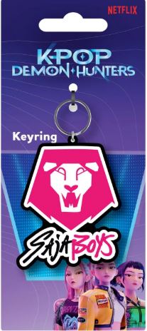The K-Pop Demon Hunters Saja Boys Logo Keyring by Blue Dog Posters features a pink lion logo, "Saja Boys" text, and three animated girls. The packaging displays the Netflix logo and "K-Pop Demon Hunters" anime merchandise label.