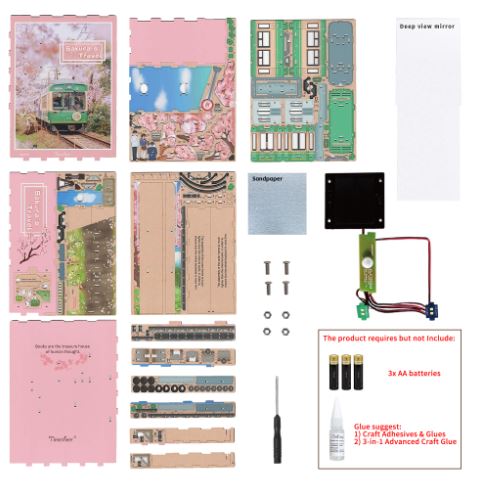 Sakura's Travel Book Nook Tonecheer by Blue Dog Posters is a DIY kit with wooden panels, electronic parts, tools, and instructions—perfect for assembling a charming Japan-inspired bookshelf insert or Kyoto-themed book nook.