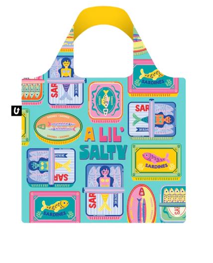 The Lil Salty Foldable Tote Bag by Blue Dog Posters is a turquoise shopping tote with yellow handles, made from recycled PET. It features playful "A Lil' Salty" text, sardine can illustrations, and sea-themed designs.