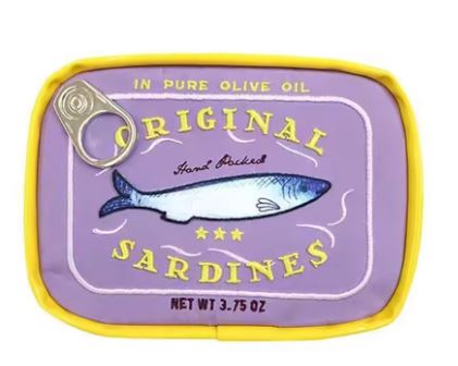 The Sardine Tin Bag Purple/Yellow by Blue Dog Posters is a cute small PU leather bag styled like a sardine tin, with a yellow rim, purple label featuring fish art, and text: "ORIGINAL SARDINES, hand packed, net wt 3.75 oz.