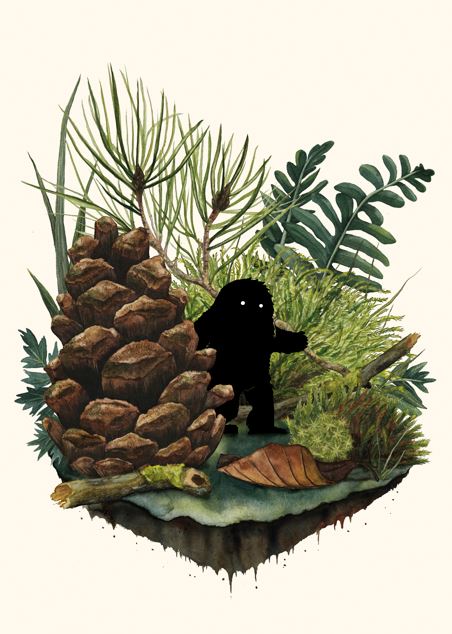Tiny Sasquatch by Littleclyde from Blue Dog Posters features a small, shadowy creature with glowing eyes standing on a floating patch of ground surrounded by pine cones, leaves, moss, and green plants against a plain background.