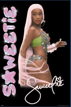 A woman with long pink hair poses in a sparkling, colorful outfit against a black background. "Saweetie - Signature" by MUS 376 features large pink bubble letters and a stylized signature, ideal as a Rap or Music Poster.