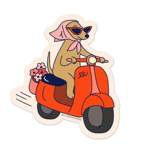 The Ciao Scooter Dog Vinyl Single Sticker from Blue Dog Posters features a cartoon dog in sunglasses and pink scarf riding a red scooter with pink flowers—stylish, cheerful, and water resistant for your laptop.