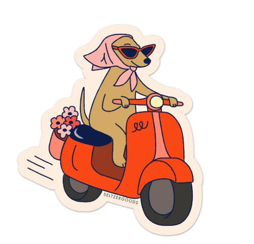 The Ciao Scooter Dog Vinyl Single Sticker from Blue Dog Posters features a cartoon dog in sunglasses and pink scarf riding a red scooter with pink flowers—stylish, cheerful, and water resistant for your laptop.