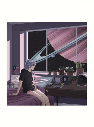 A person with long hair sits on a bed in a room, gazing out a window at a large planet with rings and a moon illuminating the star-filled sky. The room is adorned with several potted plants, a book titled "Sea of Stars" by Kelsey Smith from Blue Dog Posters, and a helmet on the desk.