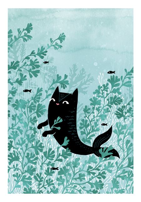 Under the Sea by Littleclyde from Blue Dog Posters: A3 print of a playful black cat with a mermaid tail swimming among seaweed and fish on a light blue background, created by a featured artist for digital printing.
