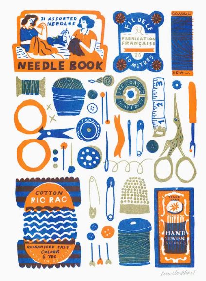 The Sewing Riso Print by Printed Peanut from Blue Dog Posters features a vibrant vintage-style illustration of needlecraft supplies. This colorful artwork includes sewing essentials such as a needle book, various needles, buttons, thread spools, scissors, a thimble, a pin cushion, and other accessories—all depicted in vivid blue, orange, and white using eco-friendly inks.
