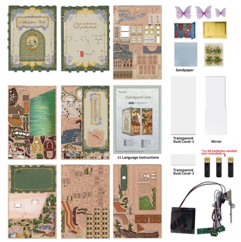 The Shakespears' Verse Large Book Nook Tonecheer by Blue Dog Posters includes illustrated boards, instructions, batteries, wiring, butterfly cutouts, sandpaper, mirror, transparent covers, and small parts—all neatly arranged in a grid.