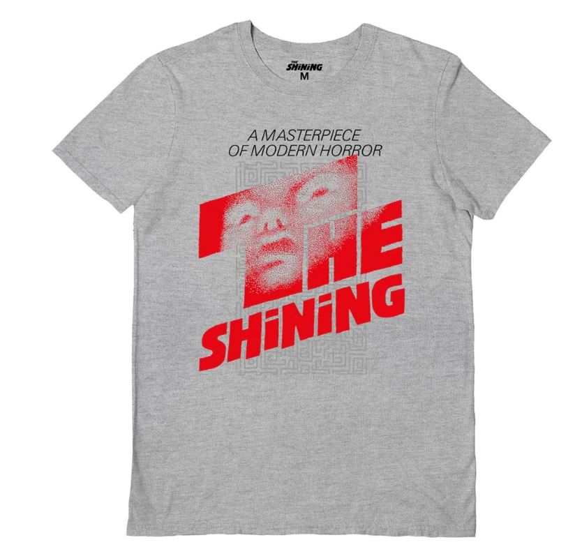 The Shining Logo Grey T-Shirt XL by Blue Dog Posters features stylized red "The Shining" text, a pixelated face, and "A MASTERPIECE OF MODERN HORROR." Official unisex merch for any modern horror fan.